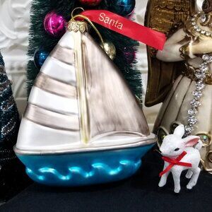 Large Blown Glass Sailboat Christmas Ornament Sailing